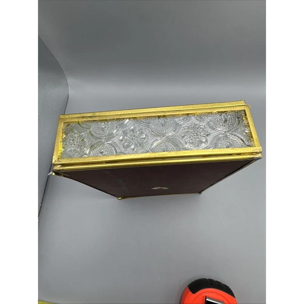 Vtg Glass and Brass  Trinket Box Etched Goose Geese- Mirrored Bottom.6.5x5x1.5”